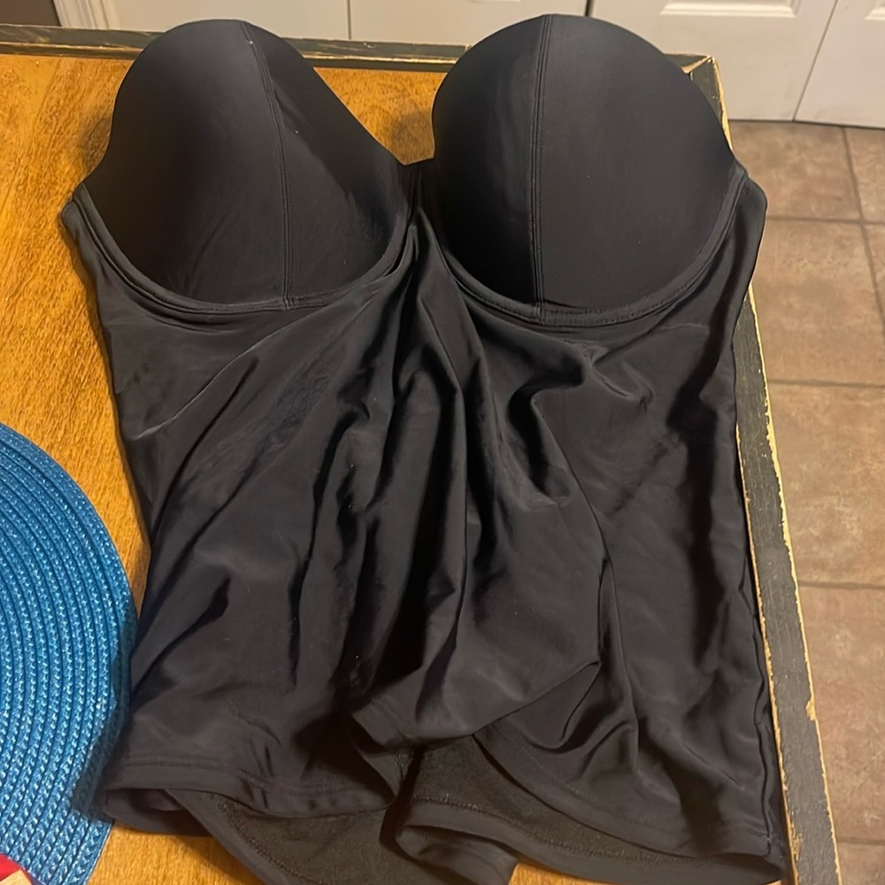 Black swim top.  Corset fit.